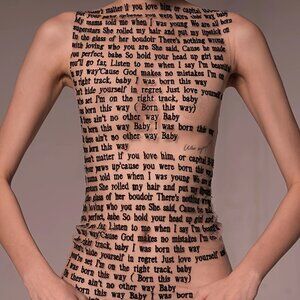 Nude/Light Beige Lady Gaga Born This Way Lyrics Letter Print Sleeveless Mesh Top